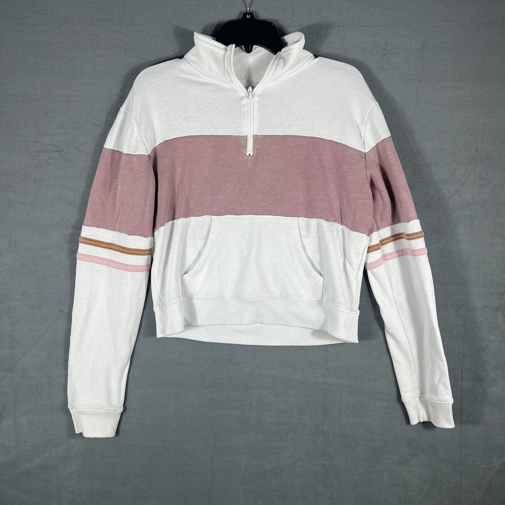 Aero Women's M‎ Striped Quarter Zip Pullover Sweatshirt White Mauve Cropped